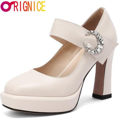 Orignice Women Wedding Bridal Crystal Beige Black Dress Shoes Platform Thick Heels Lady Designers Square Toe Pumps High Quality