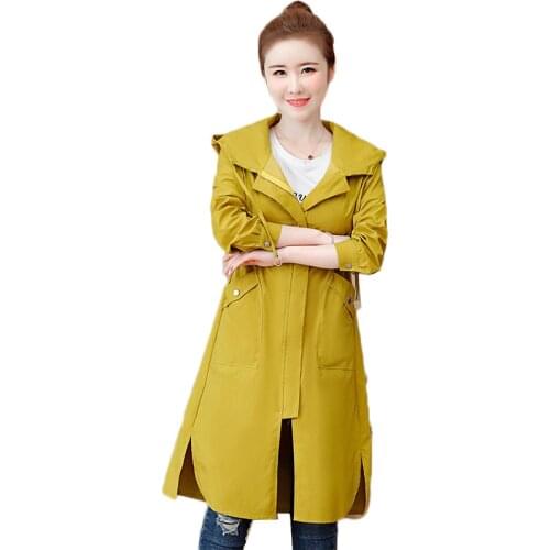 Womens Long Trench Coats Spring Autumn New Plus Size Coat Korean Fashion Casual Hooded Windbreaker Female Outerwear Outcoat 308