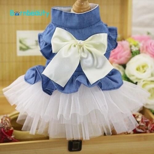 Pet Clothes Summer Dress for Small Dogs Chihuahua Denim Lace Princess Dresses Sweety Party Puppy Dress with Bowknot Autumn Skirt