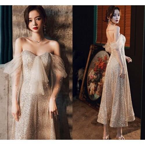 Sexy Champagne Gold Sequined Pearls Evening Dress Robe De Soiree 2020 Sweetheart Off the Shoulder Mermaid Prom Party Dress