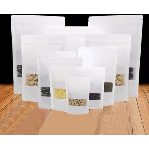 300pcs White Kraft Paper Bags For Gifts/candy/tea/food/wedding With Window Stand Up Zipper Kraft Bags Crafts Packing Bag Display