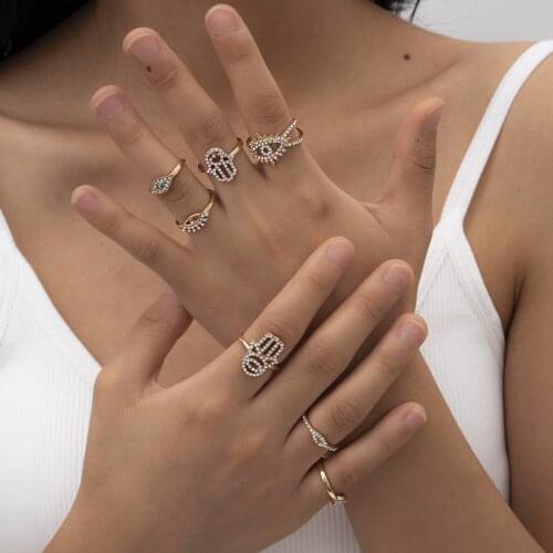 7Pcs/Set Gold Color Turkish Hand Hamsa Evil Eye Rings For Women Vintage Boho Crystal Knuckle Ring Set Female Party Jewelry Gift
