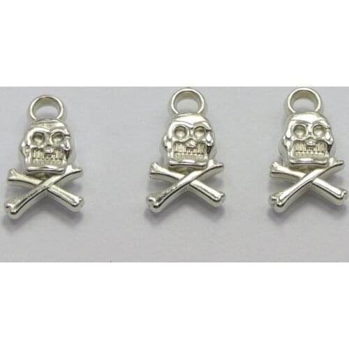 100 Silver Tone Metallic Acrylic Halloween Skull + CrossBones Charm Pendants