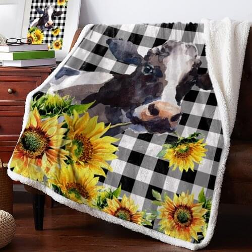 Country Style Cow Black Plaid Throw Blanket Soft Fleece Blankets Winter Blanket Portable Picnic Blankets Bedclothes