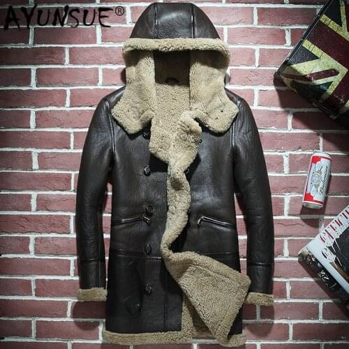 AYUNSUE Natural Sheep Fur Shearling Jacket Men Winter Real Genuine Leather Jacket Men Hooded Warm Sheepskin Coat Wp17a387 KJ3804