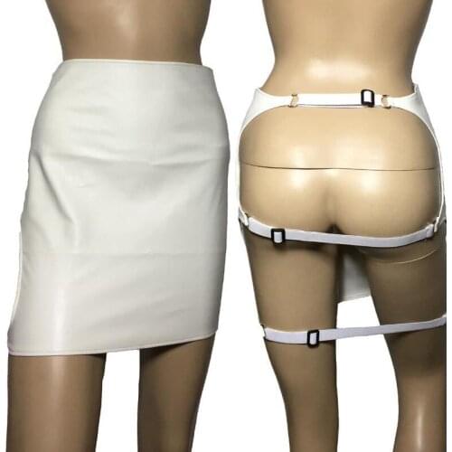 Sexy Women Open Butt Faux Leather Spanking Skirt High Waist Tight Fit Wet Look Bare Back Mini Skirt Fetish Costume Lingerie
