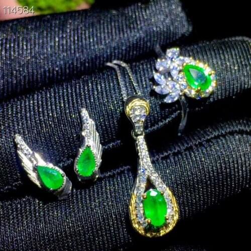 925 Silver Jewelry set Natural emerald Pendant Earring Ring sets Women Jewelry