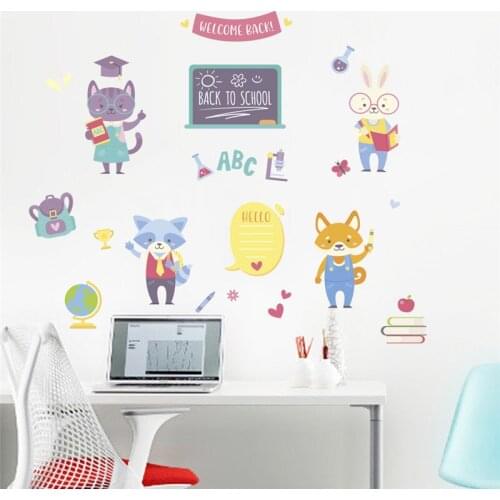 Study With Animals Teacher Wall Stickers For Kids Room Decoration Cat Fox Safari Mural Art Diy Pvc Educational Home Decals