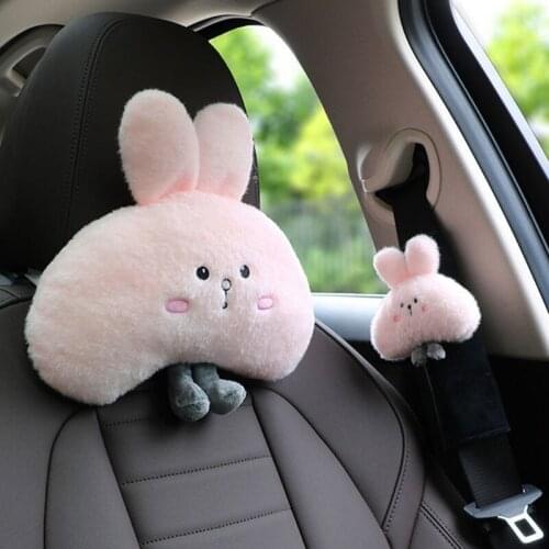 Cartoon Rabbit Headrest Pillows Auto Seat Belt Cover Comfortable Sleeping Head Protector Traveling Napping Accessory