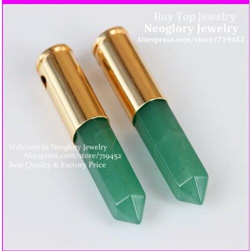 10pcs Nature Green Aventurine Gems Point Bullet Pendant Hexagon Quartz Druzy Pendant Metal Color Casing Pendant