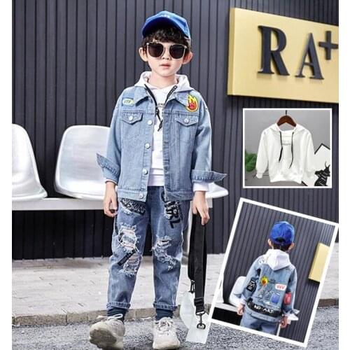 Boys Sportswear Spring Autumn Casual Toddler Boys Clothes Denim Jacket, Hoodie and Jeans Children Clothing Set Kids Tracksuits