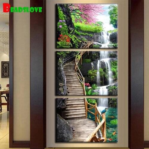 Triptych 5D full square round Diamond Painting waterfall Scenery Rhinestone Embroidery Diamond Mosaic Cross Stitch Decor