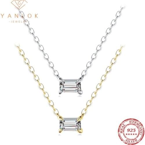YANLOK Pure 925 Sterling Silver Small Emerald Cut Sparkling Clear CZ Link Chain Necklaces Pendants Wedding Engagement Jewelry