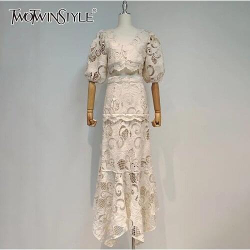 TWOTWINSTYLE Apricot Casual Cut Out Women Sets Female V Neck Puff Half Short Top High Waist Maxi Skirts Slim Womens Summer Suit