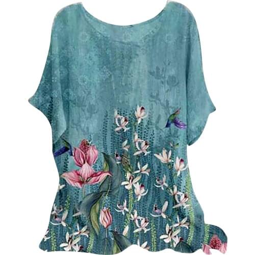 Woman Vintage Floral Print Blouse Cotton-Blend O-Neck Short Sleeve Tunic Top Summer Femme Plus Size Woman Clothing футболка