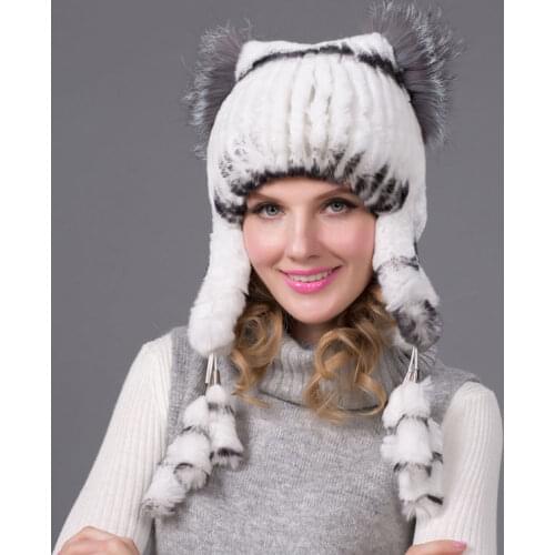 Women Winter Rex Rabbit Fur Hat Earmuffs Hat Fashion Casual Knit Aviator White Fur Hat Quality Nice Party Outside Warm THY-35