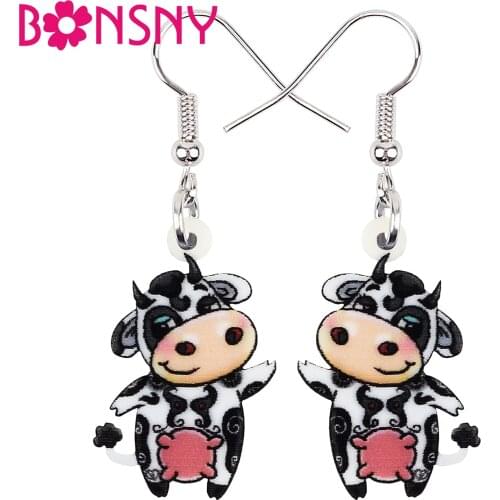 Bonsny Acrylic Anime Cute Dairy Cattle Milk Cow Earrings Farm Animal Drop Dangle Jewelry For Women Girls Party Charm Accessories