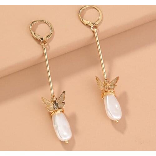 Golden Bar/Chain Pearl Dropped Female`s Long Dangle Baroque Earrings