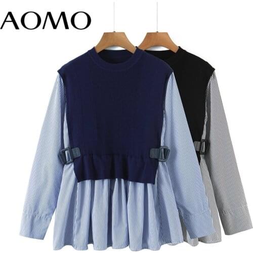AOMO Women 2021 Patchwork Knitted Sweater Jumper with Belt Female Elegant Oversize Pullovers Chic Tops WN11A