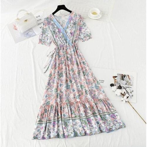2021 New Summer Floral Print Dresses Women V-neck Drawstring Chiffon Ruffle Dress High Waist A Line Slim Party Midi Dress