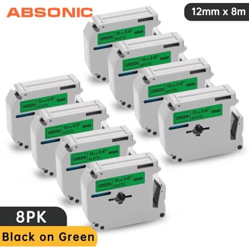 Absonic 8PCS 12mm M Tape MK-731 Strong Adhesive Label Tape Black on Green Compatible for Brother P-touch Label Maker PT-70 PT-80