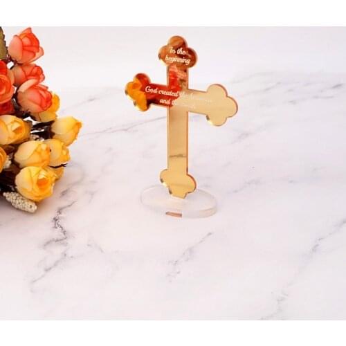 10pcs Acrylic Mirror Cross with Transparent Under Plate Personalized God Bless of The Lords Prayer Table Decoration