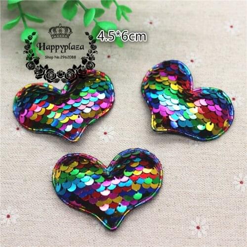 10pcs 6cm Glitter Rainbow Paillette Heart Padded Patches Appliques For Clothes Sewing Supplies DIY Hair Bow Decoration