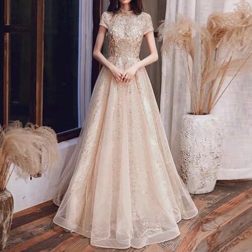 Sparkly A-line Evening Dress With Sleeves Champagne High Neck Beaded Sequin Wedding Party Prom Gowns Formal Maid of Honor Dress