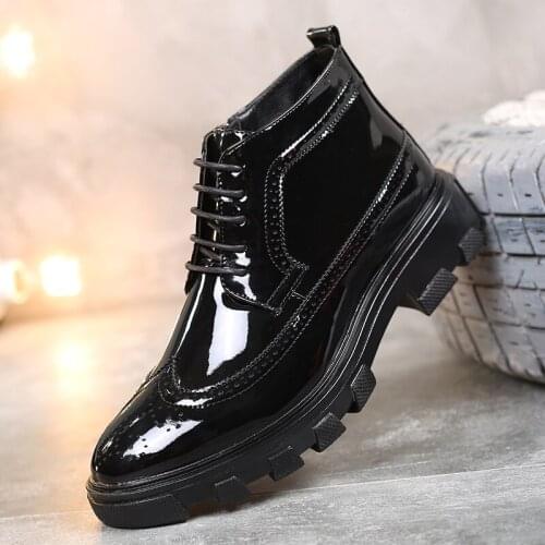 Motorcycle Boots Mens Patent Leather Ankle Boots 2020 Spring New Martin Boots Low Heel Short Boots Brock Shoes