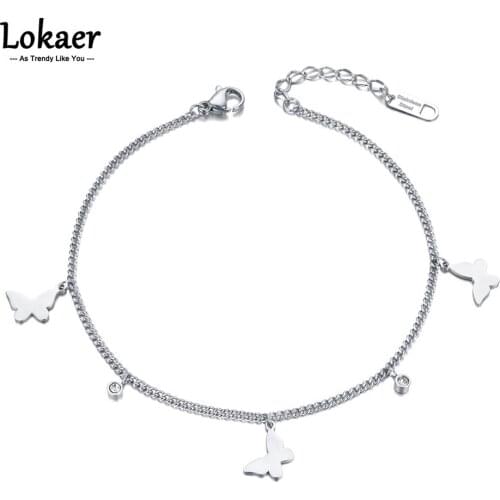 Lokaer Boho Butterfly Animal Charm Anklets For Women Stainless Steel CZ Crystal Foot Chain Link Jewelry Beach Accessories A21020
