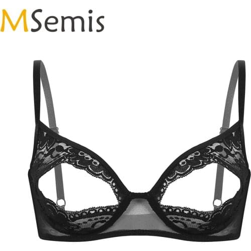 MSemis Open Cup Bra Women Sexy Lingerie Exotic Female Nightwear Sheer Lace Floral Nipple Split Bralette Wire-free Unlined Top
