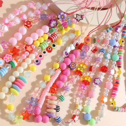 2021 New Ins Trendy Colorful Smiling Beads Chain Mobile Phone Chain Anti-lost Handmade Acrylic Cord Lanyard for Women