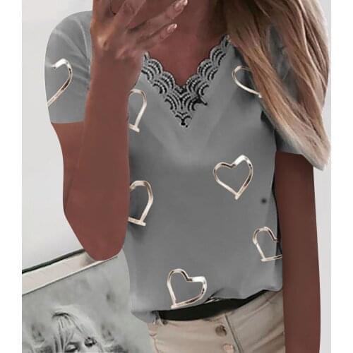 Elegant T-shirts Womens Hearts Print V-neck Lace Patchwork Short Sleeve T-shirt Pullover Office Lady Tee Tops Футболки