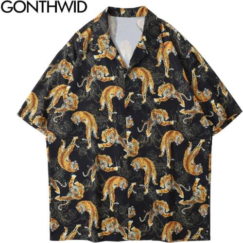 GONTHWID Hawaiian Beach Shirts Streetwear Animal Tigers Print Short Sleeve Shirt Harajuku Hip Hop Casual Aloha HolidayTops