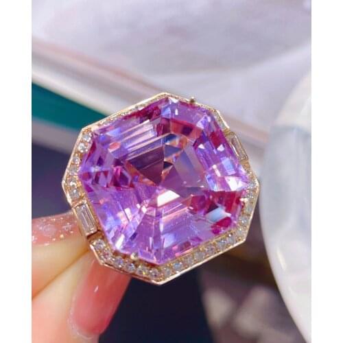 LR Kunzite Ring Fine Jewelry Solid 18K Gold Nature Clean 28ct Kunzite Gemstone Diamond Female Rings for women Fine Ring