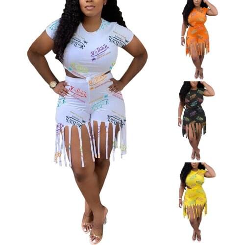 Summer Fashion Casual Women Letter Print Clothes Set, Short Sleeve O-neck Knot Cropped Tops + High Waist Shorts with Tassels