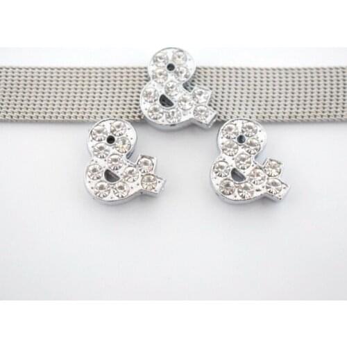 10mm Crystal & AND Symbol Slide Charms Flat Hole Metal Beads Keeper Fit 10mm Stainless Steel Mesh Bracelets DIY Jewelry Making