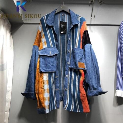 Patchwork Fashion Women Denim Jacket Striped Knit Spliced Long Sleeve Jeans Jacket Women Pocket Loose Jeans Coat 2020 Autumn New