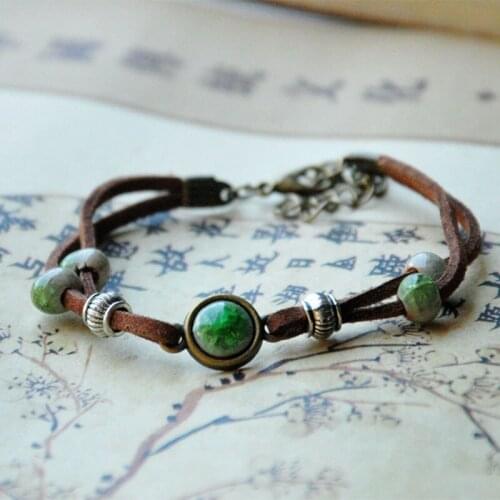 Fashion Charm Bracelets Ceramic Beads Adjustable Wristbands Silver Link Chain Leather Cuff Bangle Women Men Ethnic Jewelry