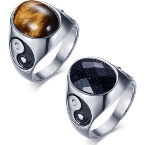 Tai Chi Black Brown Tiger Eye Stone Ring Men Stainless Steel Rings Anillos Bague Homme Anel Masculino Wedding Anniversary
