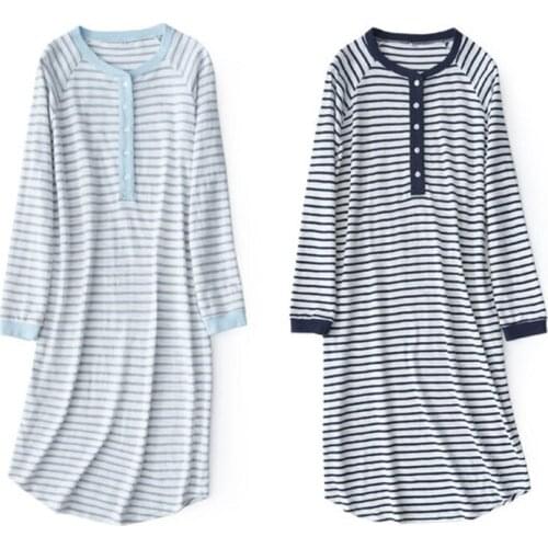 Nightdress striped long-sleeved home service casual nightdress cotton spring and summer can wear loose pijama feminino bathrobe