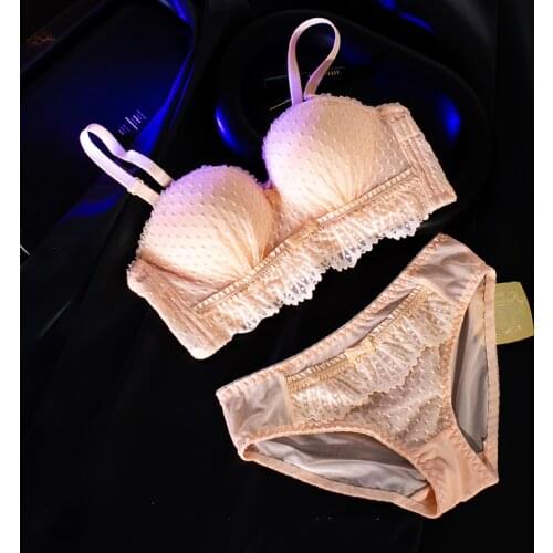 Summer New Sweet Lace 1/2 Cup Girls Intimates Sexy Underwear Set Black White Strapless Small Chest Push Up Cotton Thick Bra Set