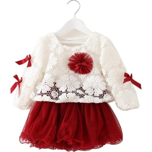 New Design Infant Girl 2pcs Dress White Tops with Ribbon + TUTU Dress Cute Kids Clothing Cotton Newborn Outfits