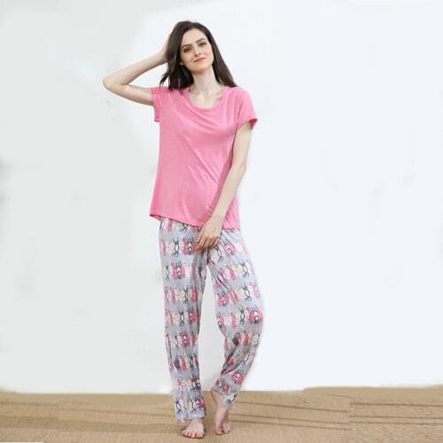 2pc Pajamas Set Women Comfortable Short Sleeve Pajamas O-Neck Tops with Long Trousers Ladies Summer PJ Pyjamas Women