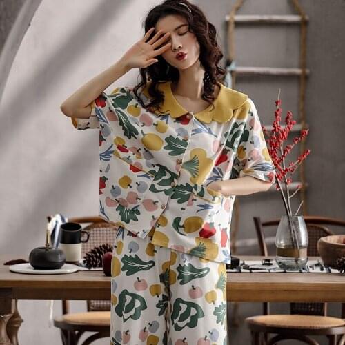 Plus Size Pajamas Set Women Floral Print T-shirt& Long Pants Cotton Sleepwear Loose Pyjamas Fille Nightwear Set All Seasons