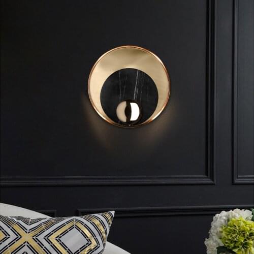 Retro wall lamp creative marble lamp living room bedroom hotel round wall lamp corridor art brass sconce