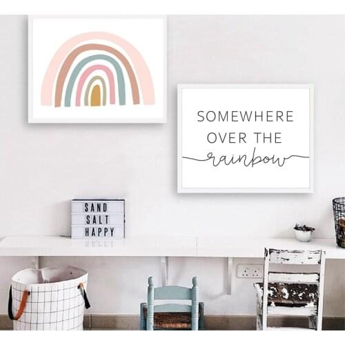 Pink And Yellow Rainbow Print Pictures Somewhere Over The Rainbow Quotes Poster Wall Art Canvas Painting For Baby Girls Bedroom
