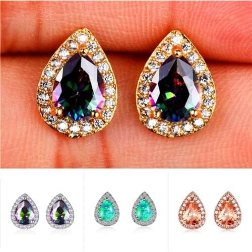 Pear Cut Austrian Crystal Stud Earrings For Women 925 Silver Rose Gold Filled Rainbow White Blue Green Fire Opal Earrings Female