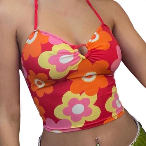 Y2K Cute Flower Tops Women Backless Vintage 90s Kawaii Camis Sexy Halter Red Tank Tops