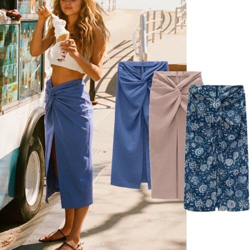 Ruched Skirt Women Vintage High Waist Long Skirts Summer Beach Chic Black Zip Slit Midi Elegant Blue Skirts Casual Clothing